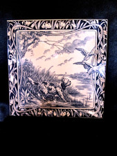 ancien CARREAU faience bleue de GIEN Carrelage Tiles Scène Chasse Canard Chien