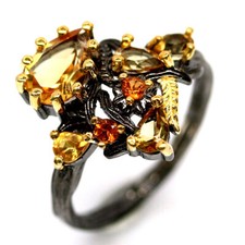 Bague argent 925 plaqué or noir avec citrine jaune, madere et CZ brillants  T54
