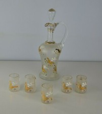 Service à Liqueur XIXe en Verre émaillé décor muguet 5 verres chopes