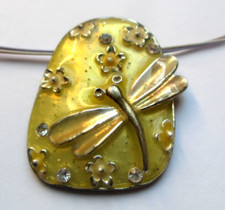 Collier Grand Pendentif couleur or émaux jaune libellule bijou vintage 5494