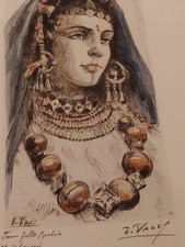 TABLEAU EPREUVE REHAUSSEE SIGNEE E. VALEY FEMME BERBERE ALGER VINTAGE  1940