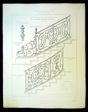 Gravure ancienne, rampe en fer forgé, style Louis XV ancien hôtel rue de Surene