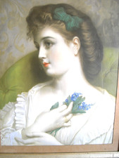 🇫🇷 ANCIENNE CHROMO PORTRAIT FEMME AU BLEUET CADRE TABLEAU ŒUVRE