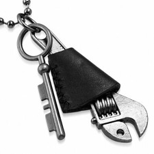 Alliage clé à molette en cuir noir clé de squelette charm boule militaire lien c