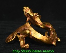 3.1''Old Chinese Dynasty Bronze Gilt Feng Shui Dragon Loong Beast Statue