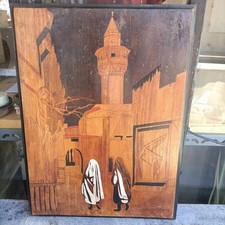 PANNEAU DE BOIS GRAVÉ ORIENTALISTE TRAVAIL DE PYROGRAVURE VERS 1900 45 X 33 CM