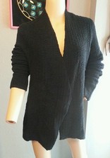 Eileen Fisher Black Ribbed Crinkle Silk Vicose Spandex Open Cardigan Sweater S