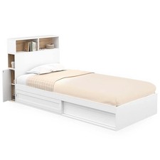 Lit simple CLEM avec rangement, tête de lit et sommier 90 x 190 cm blanc et hêtr