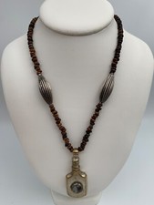 COLLIER ETHNIQUE COLOMBE 2 PERLES STRIEES PENDENTIF AGATE 56 GRAMMES W975