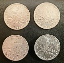 Pieces 2 Francs Semeuse. 4 Pieces 1899, 1904, 1908, 1916
