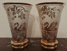 EPOQUE ART DECO - Paire de Vases Cornets Signés ADAT verre granité décor à l'or