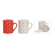 Tasse à thé avec infuseur à motif coeurs blanc et rouge et couvre-tasse
