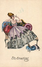 Carte postale, en attente, femme chic avec cigarette, (VL)80037