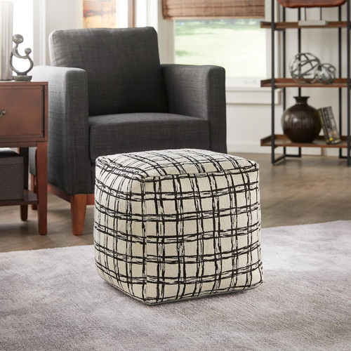 Ivory black plaid cube pouf - black,