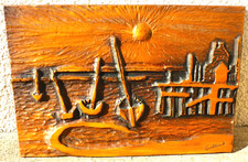 TABLEAU BOIS SCULPTE, SIGNE P. GUALLINO, LE DEBARCADERE, DESIGN 1986, BRUTALISTE