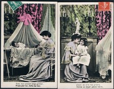 T046 COMPLETE SET of 5 Tinted PHOTOS pcs EDWARDIAN MOTHER & DAUGHTER in BED