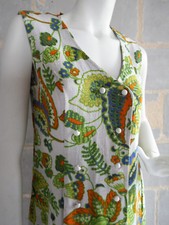 Robe Vintage en Lin Fait Maison T.2-3 Motif Cachemire Vert Orange Bleu Blanc