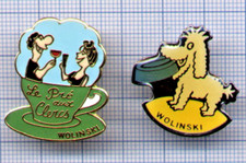 Lot de 2 Pin's WOLINSKI / Le Pré aux Clercs tasse café vin Chien et gamelle / BD