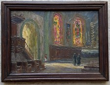 Victor CUGUEN (1882-1969) Toulon - Tableau Ancien Huile Intérieur Église signé