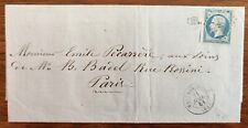 Timbre FRANCE, Empire 1857 N°14 B 20 c bleu sur lettre Cachet OR cote 1300 €