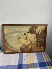 Ancien Cadre Peinture Chèvres Des Montagnes Deco Signe Année 1956