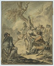 Dessin XVIIIe. Cantinière lutinée par un soldat. Aquarelle, plume et encre noire