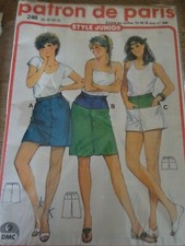 PATRON VINTAGE "PATRON DE PARIS" 3 CREATIONS JUPE BERMUDA SHORT   T 36 AU 42