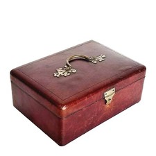 ANCIEN COFFRET BOITE A BIJOUX / COUTURE FOURRE EN CUIR & CAPITONNÉE SATIN ROUGE 