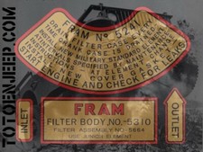 DECALCOMANIE POSE A L EAU  FILTRE A HUILE FRAM 08/44 .  jeep  WILLYS  us ww2
