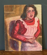Huile sur panneau jeune fille au tablier rose 1940 Guillot de Raffaillac L6762
