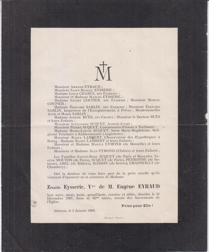 1908 faire part - 1908, décès