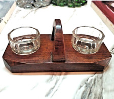 Ancien Art Déco 1920-50 Salerons Style Bateau Paquebot Bois et Verrines Cristal