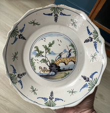 Ancienne Belle Assiette Faïence XIXème Nevers ? Cygnes Pont chasseur