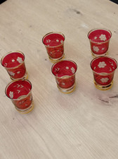 Lot 6 verres à liqueur vintage – verre soufflé rouge et or – décor floral peint 