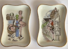 PORCELAINE DE LIMOGES 2 CENDRIERS VIDE POCHE VINTAGE AMUSANTS PIN UP & MILITAIRE