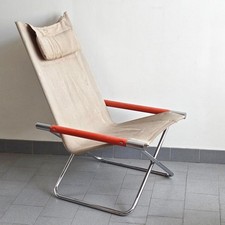 FAUTEUIL VINTAGE PLIANT JAPONAIS 1970 EN ACIER CHROME & ORANGE ET TOILE JUTE 70S