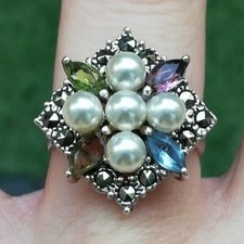 Ancienne Bague En Argent Massif Silver Ring 925 Créateur pierre Précieuse Perles