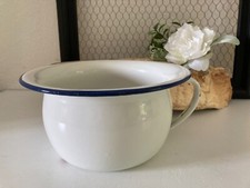 824⚜️ Ancien Pot de Chambre Enfant en Tôle Émaillée Blanc, Liseré Bleu Vintage