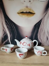 THÉIÈRE ET 3 TASSES PORCELAINE BLANCHE DÉCOR MOULIN À CAFÉ CROISSANT GÂTEAUX...