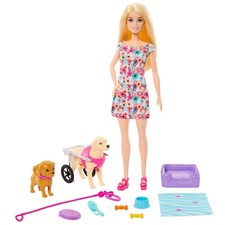 Barbie Coffret Poupée avec 2 Figurines Chien, Chariot Amovible, Roues Fonctionne