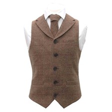 Gilet En Tweed Marron À Chevrons De Luxe Avec Revers Et Cravate Assortie