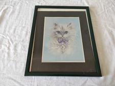 Cadre en bois vert 32 x 26cm avec représentation d'un Chat  30 x 24cm