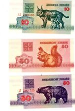 LOT SET SÉRIE 3 Billets BELARUS BIÉLORUSSIE ROUBLES 1992 LYNX OURS ÉCUREUIL NEUF
