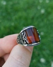 Solid Silver 925 Signet Men's Jewelry Top Rich Red Agate Ring