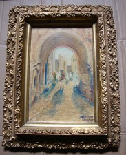 Petite peinture orientaliste Souk Tunisie tableau situé daté 1957 et signé.