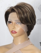 Perruque Naturelle Femme Brune Cheveux Humains Wig Courte Dentelle 13x1 +Cadeau