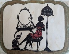 Années 20-30 Papier Ciselé au Canivet Femme devant sa Coiffeuse Cutpaper 