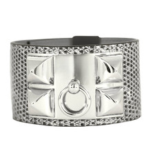 HERMES - Medor - Bracelet manchette en cuir et métal argenté