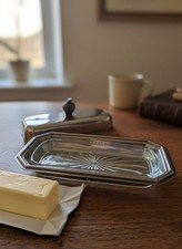 Beurrier Ancien Art Déco Métal Argenté & Verre Taillé - Élégant Plat à Beurre