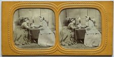 La liseuse de cartes c1865 Photo E. L. Stereo Diorama Vintage Albumine Abimée